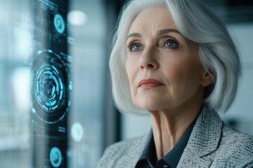Poster - A person gazing out a window with a sleek, modern control panel behind them
