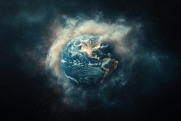 Poster - Colorful view of Earth surrounded by cosmic clouds in deep space at night with twinkling stars shining bright