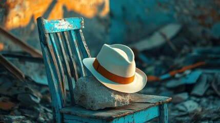 Poster - Vintage Hat on Abandoned Chair with Stone Background Decor