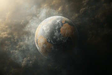 Poster - View of a distant planet illuminated by soft light surrounded by clouds in a cosmic setting