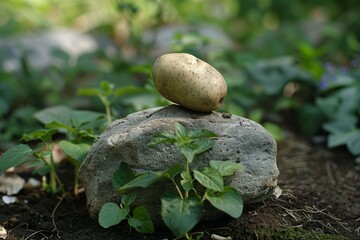 Wall Mural - Single potato sits atop a rock in a garden, surrounded by lush green plants