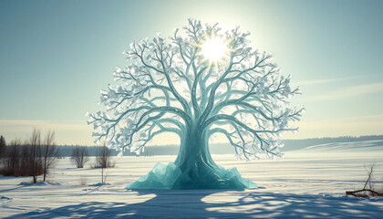 Wall Mural - A peaceful winter landscape with snow-covered trees, a frozen lake, and a calm sky at sunset