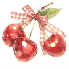 Wall Mural - Watercolor cherries with gingham ribbon