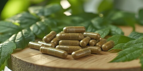 Poster - a stack of green capsules resting on a wooden table, great for medical or science illustrations