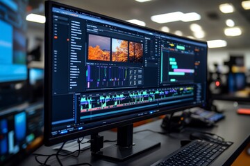 creative video editing workstation with advanced software displaying colorful timeline and graphics 