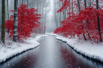 Aufkleber - Beautiful winter landscape with red trees and a flowing river in a snowy forest
