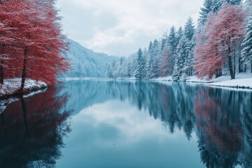 Poster - Frozen river reflects vibrant red trees in a peaceful winter landscape