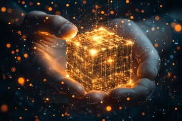 Poster - Hands hold a glowing cube emitting light particles in a digital fantasy setting