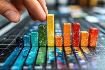Fototapete - Colorful bar graph made of resin blocks illustrates data trends on a dark work surface with hand positioning blocks