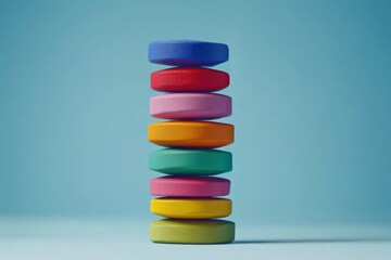 Poster - Colorful wooden stacking rings arranged in a tower against a blue background showcasing playful design and vibrant aesthetics