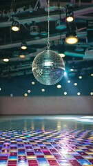 Fototapete - A dreamy, soft-focus image of a disco ball glimmering at the center of a dance hall, its reflections shimmering across a brightly lit tiled floor.