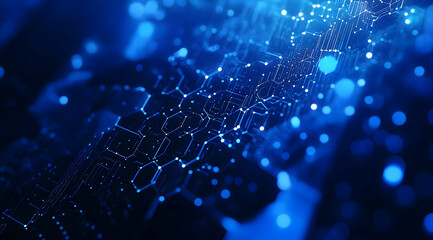 Poster - Blue technological background with hexagons and glowing lights for digital, tech, or science themes