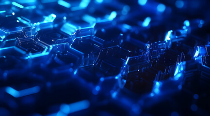 Poster - Blue technological background with hexagons and glowing lights for digital, tech, or science themes