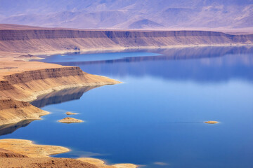 high altitude landscape of lake surrounded by mountainous terrain