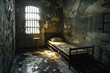 © nsit0108 - Sunlight entering old jail cell through barred window illuminating bed