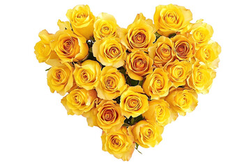 Wall Mural - Heart made of yellow roses isolated on transparent or white background, valentine's day or wedding flowers love wreath, png