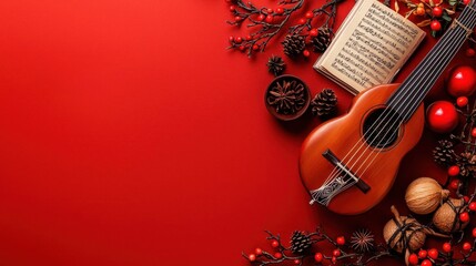 Festive scene featuring a ukulele, sheet music, and seasonal decorations on a vibrant red background, perfect for holiday themes.