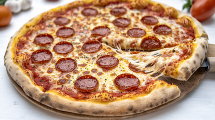 Delicious pepperoni pizza on a wooden board with melted cheese and fresh ingredients in background