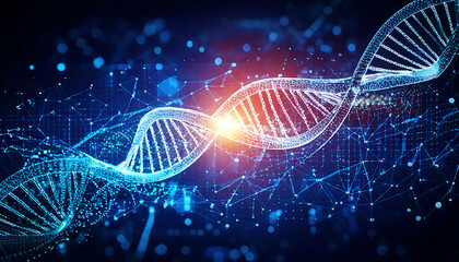 Poster - stunning abstract image of a dna double helix, rendered in vibrant blue and orange hues against a da