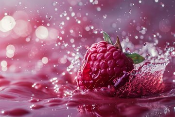 Poster - Juicy raspberry splashing into pink liquid, creating refreshing waves and droplets, perfect for food and beverage advertising