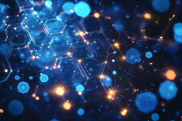 Poster - Abstract background with dark blue hexagons, glowing edges, and lights
