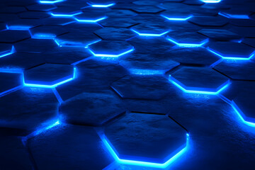 Poster - Abstract background with blue glowing hexagons on a dark gray surface. Futuristic wallpaper with a 3D abstract geometric pattern