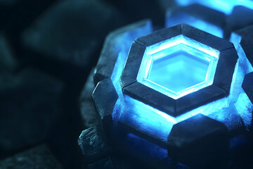 Poster - Abstract background with blue glowing hexagons on a dark gray surface. Futuristic wallpaper with a 3D abstract geometric pattern