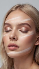 Wall Mural - Close-up portrait of a blonde woman with artistic white lines painted on her face, eyes closed, showcasing subtle makeup and flawless skin.