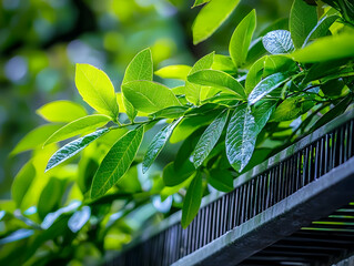 Poster - Lush green leaves on fence, garden background, nature