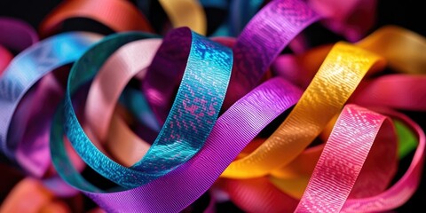 Sticker - A close-up view of a cluster of vibrant colored ribbons, perfect for crafts and DIY projects