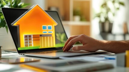 Poster - a person sits at a laptop with a house displayed on the screen, possibly working remotely