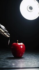 Poster - A close-up of the snake’s head poised near the apple, both illuminated by a single spotlight in an otherwise dark environment, evoking a tense moment of temptation.