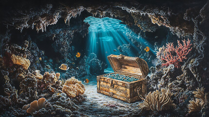 Wall Mural - Sunlit Underwater Cave with Treasure Chest