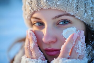 Poster - A person applying makeup in the snowy outdoors, great for winter or cold weather themes