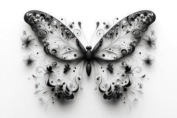 Poster - Detailed black and white butterfly artwork featuring intricate floral patterns and designs on a light background
