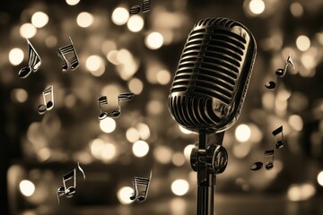 Poster - Vintage microphone with musical notes in a lively backdrop during a musical event at night