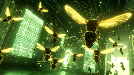 Wall Mural - Swarm of Golden Bees in Futuristic Neon Cityscape