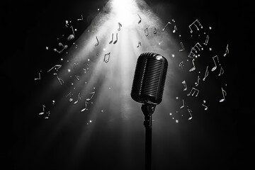 Poster - Classic microphone illuminated by spotlight with musical notes floating in air during evening performance