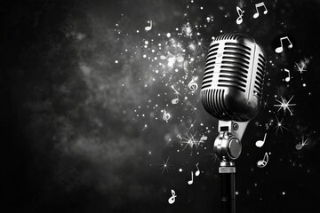 Poster - Vintage microphone with music notes set against a dark background creates an artistic atmosphere for performances and recordings