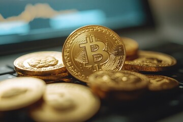 Poster - A stack of coins sitting on top of a modern laptop, perfect for financial or technology-themed projects