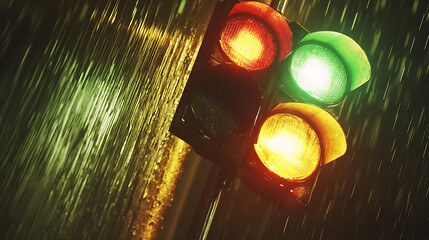 Wall Mural - Traffic Light in Heavy Rain at Night, Cityscape with Glowing Lights and Blurry Motion