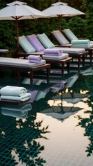 Poster - A serene poolside scene at a tropical resort, featuring neatly rolled white towels placed on plush lounge chairs under tall palm trees.