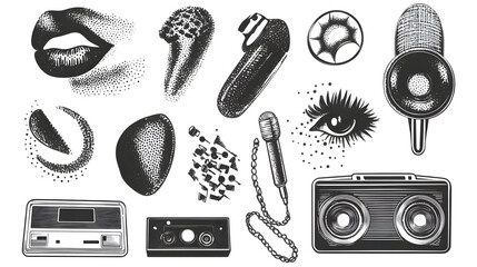 Poster - Vibrant Monochrome Collage of Abstract Elements and Shapes Representing Sound  Music  and Creative Expression