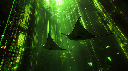 Wall Mural - Two Stingrays Swimming in Glowing Green Underwater Scene