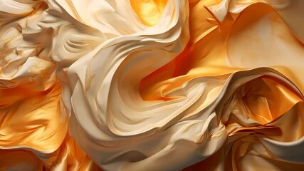 Poster - An engaging display of abstract animation reveals luxurious fabric flowing gracefully, merging warm tones of orange and cream. The fluid motion creates a mesmerizing visual experience