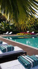 Poster - A serene poolside scene at a tropical resort, featuring neatly rolled white towels placed on plush lounge chairs under tall palm trees.