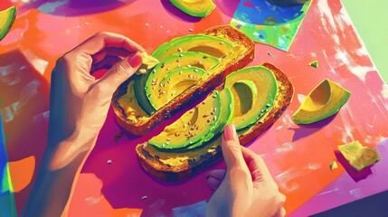 Wall Mural - A colorful breakfast scene featuring hands preparing a vibrant avocado toast. The texture of the avocado is highlighted. Enjoy this delightful treat. Generative AI