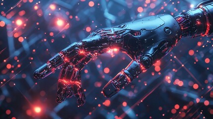 Poster - Robotic Hand Glowing Red in Digital Space