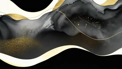 Poster - Colorful waves in black, white, and gold fluidly interact to create an enchanting visual experience. This abstract animation flows smoothly, capturing attention with its dynamic movement