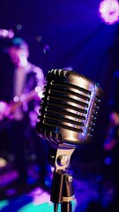 Aufkleber - A moody shot where the vintage mic’s metallic grill reflects the kaleidoscope of show lights, backing musicians creating silhouettes.